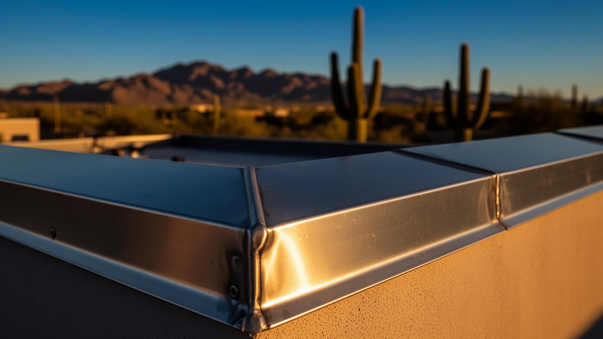 Close-up of crisp metal parapet wall coping cap on a Phoenix commercial rooftop with desert mountains in the background