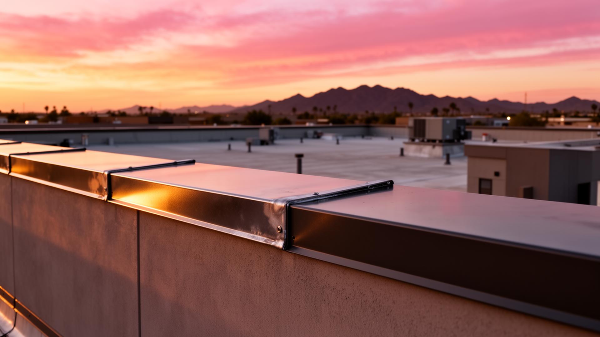 Custom Monsoon Metal parapet wall coping crowning a Phoenix commercial rooftop at golden hour