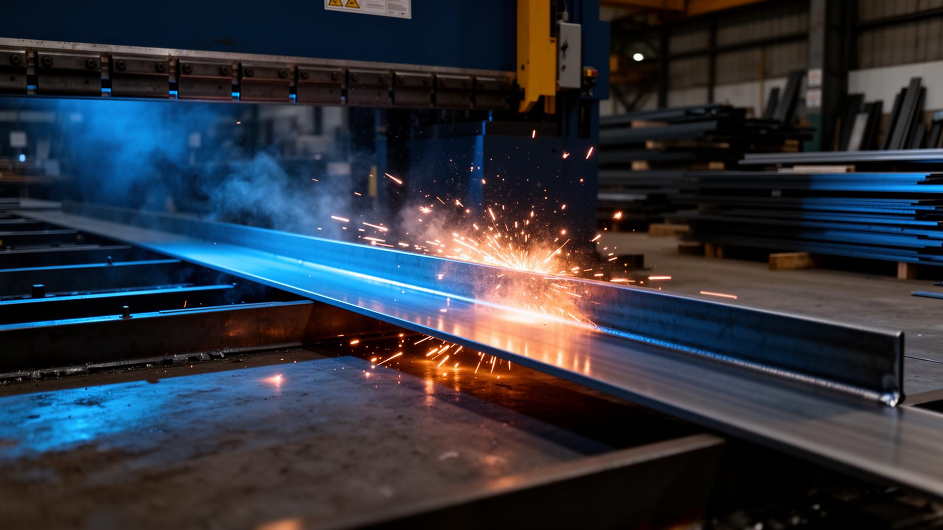 Sparks fly from a CNC press brake forming a custom coping section in the Phoenix fabrication shop