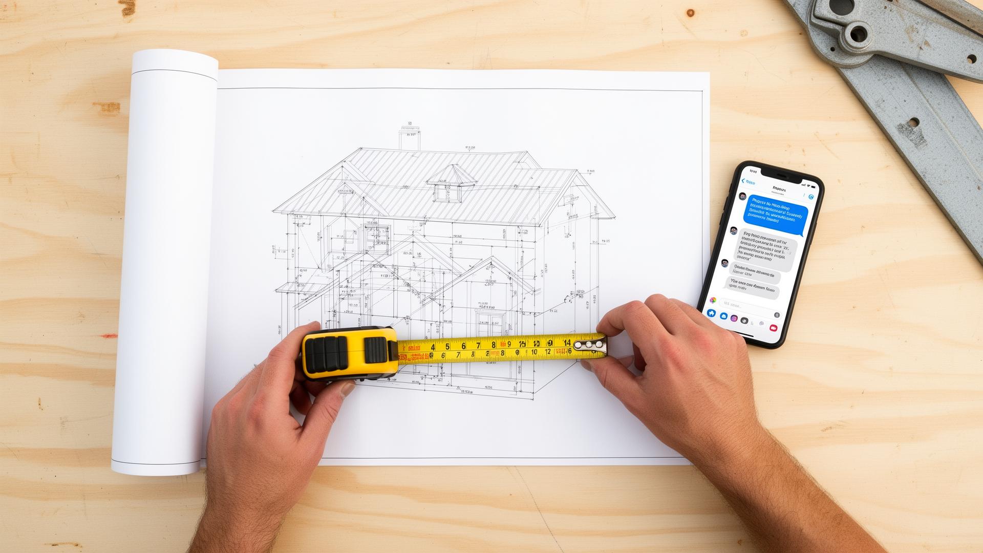 Contractor texting parapet wall coping specs to Monsoon Metal from a roof drawing